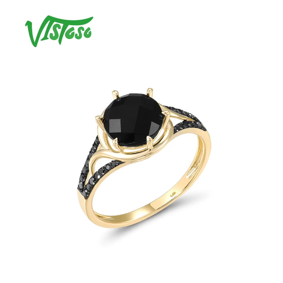 VISTOSO Authentic 14K 585 Yellow Gold Ring For Unisex Sparkling Black Diamond Onxy Delicate Promise Wedding Band Fine Jewelry