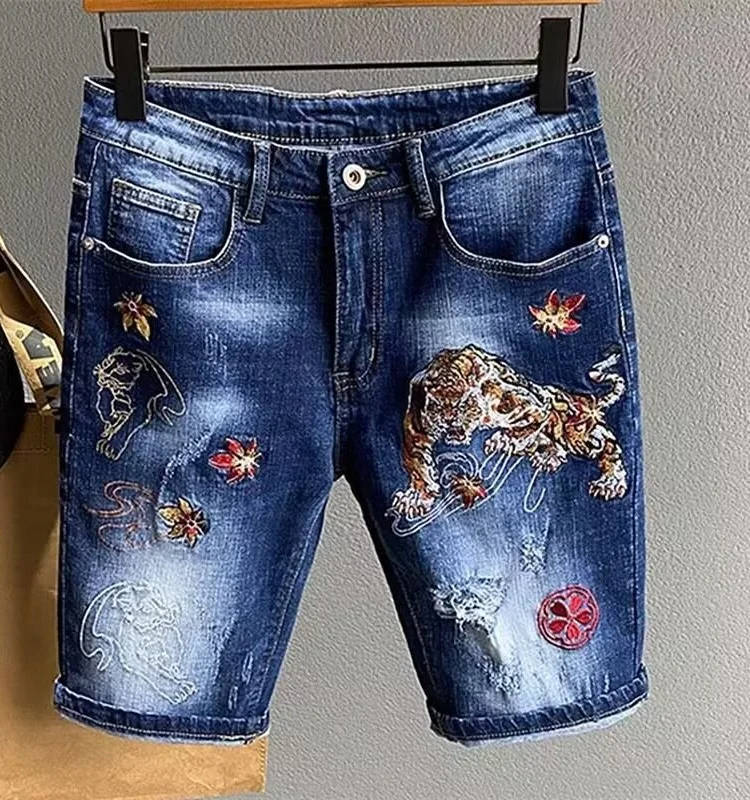 

Tiger Embroidery Denim orts Men's Elastic Slim Fit Summer Mid-Calf Five-Quarter Pants Cuffed Korean Trendy Pants