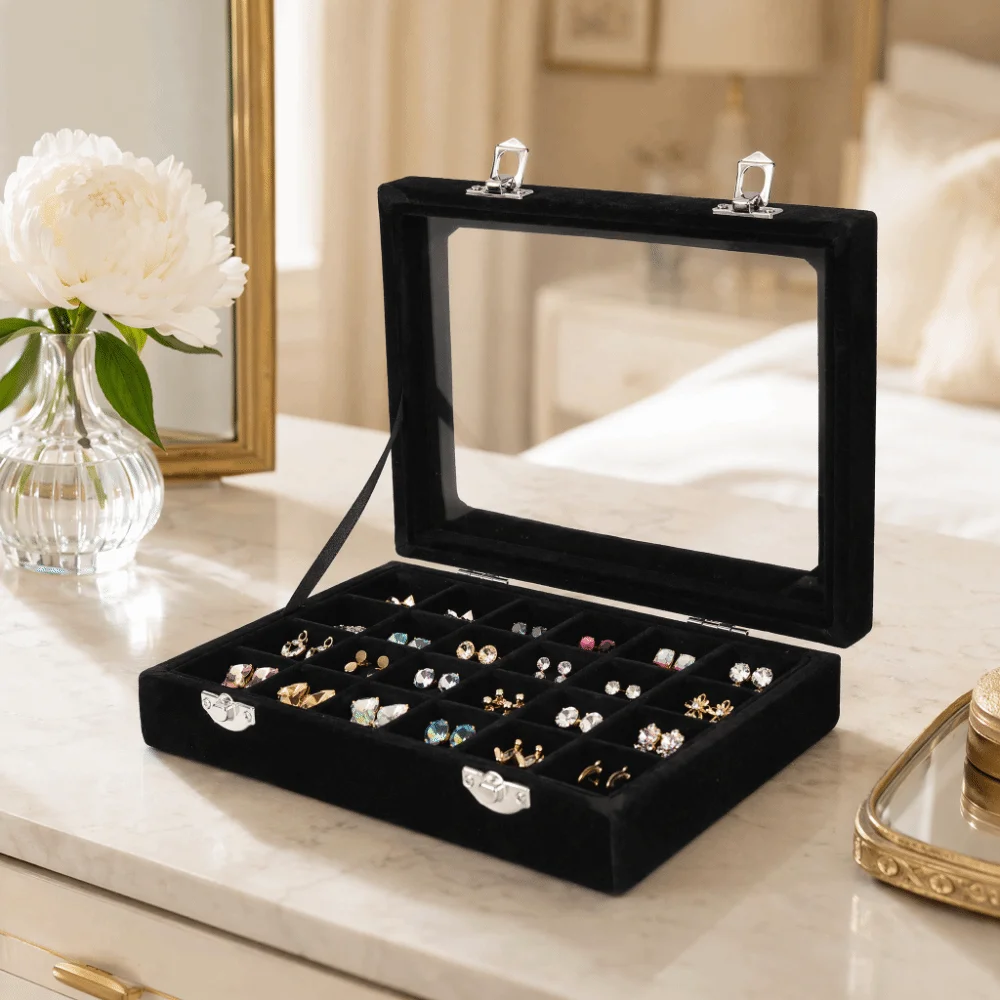 Velvet 24 Grids Rhinestone & Nail Gem Storage Box Black Lockable Design Divided Compartment Nail Art Decoration Container