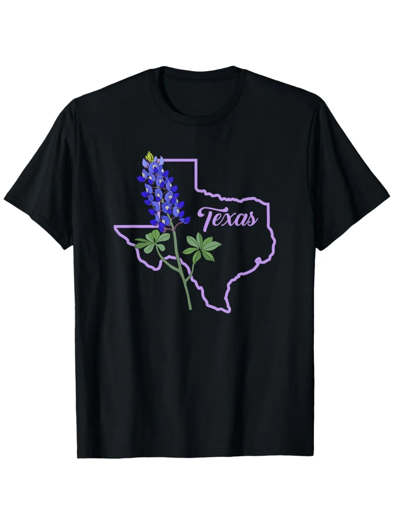Texas Bluebonnet Flower T-Shirt - 100% Cotton 180gsm Heavyweight, Unisex Casual Round Neck Tee with Vibrant Purple Flowers