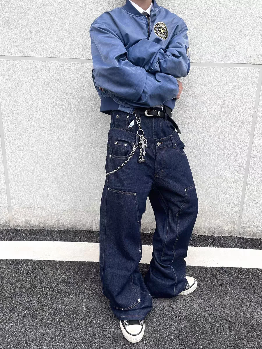 

American Retro Loose Straight Casual Men's Jeans Design Sense Rivet Double Waist Head Outdoor Daily Wear ex Youth