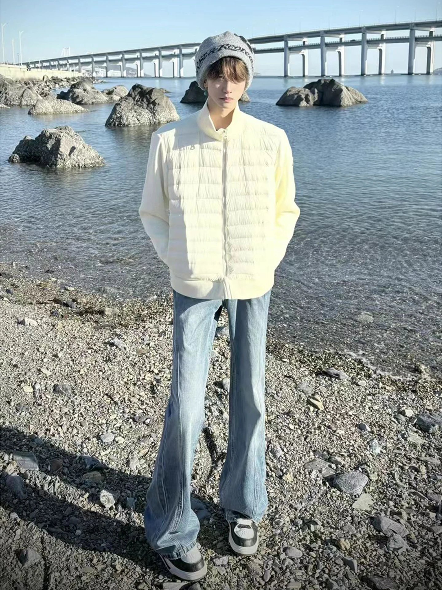 

American Sle Slim Fit Blue Jeans Men's Spring Autumn High Waist Casual Wear Resistant Stretch Denim Pants Micro Flared Legs