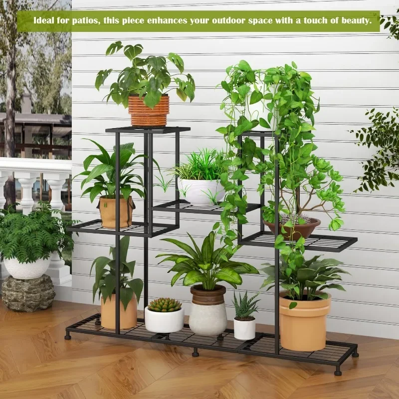 Suporte de planta de metal, suporte de planta multifuncional de 5 camadas para plantas de interior, prateleira decorativa de planta de aço preto para Pati interno