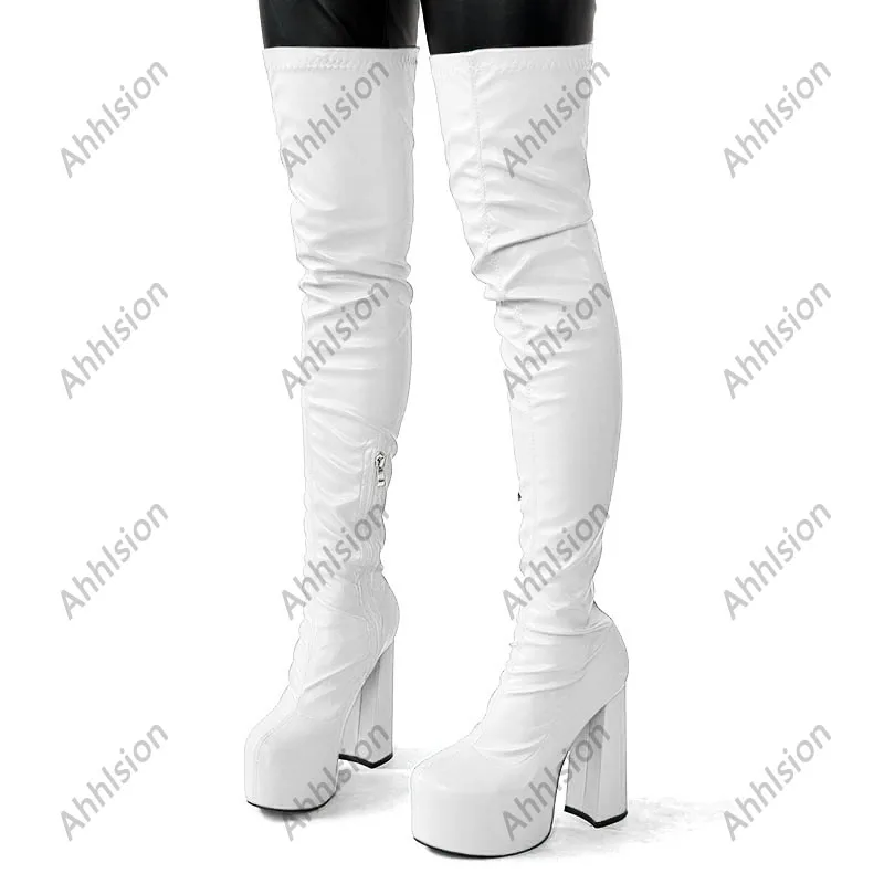 Ahhlsion New Women Spring Flexible Thigh Boots Chunky Heels Round Toe Beautiful Red White Cosplay Shoes Ladies US Size 5-20 - view 3