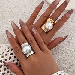 IngeSight.Z Exaggerated Big Irregular Metal Wide Ring for Women Creative Design Inlaid Imitation Pearl Finger Ring Jewelry