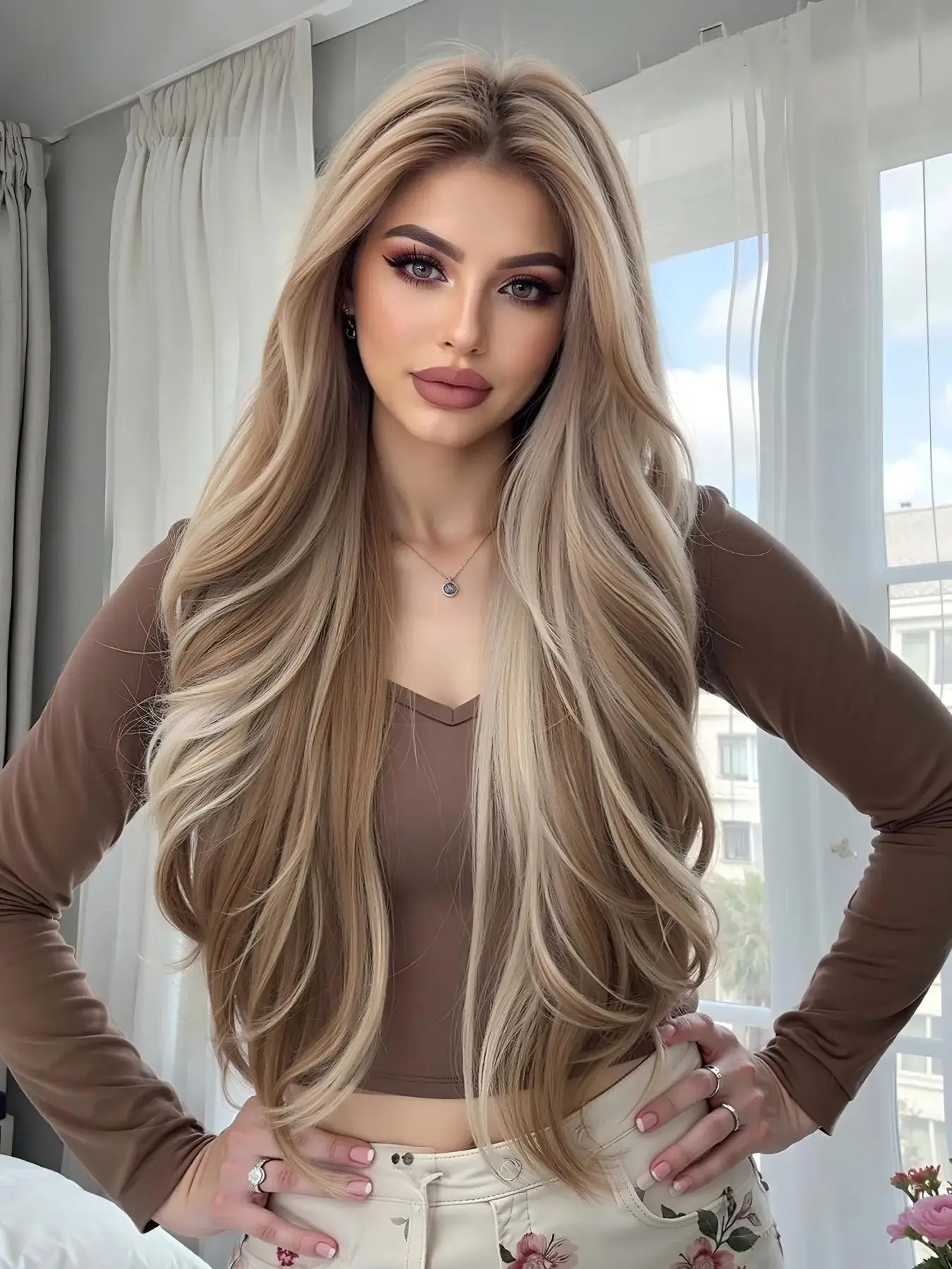 13x6 Lace Frontal Synthetic Wig 28 Inch Long Wavy Layered Ash Blonde Highlight HD Lace Glueless Wigs for Women Natural Hairline