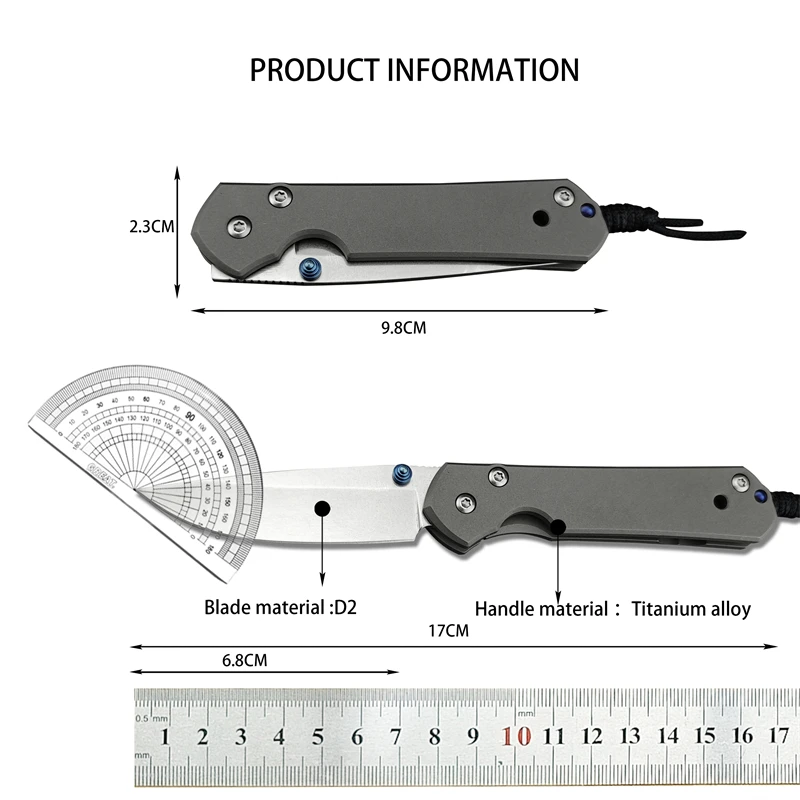 Chris Riff Little Sand D2 Folding Knife, Hunting Camping Rescue Titanium Alloy Flat Handle Convenient Tool Knife