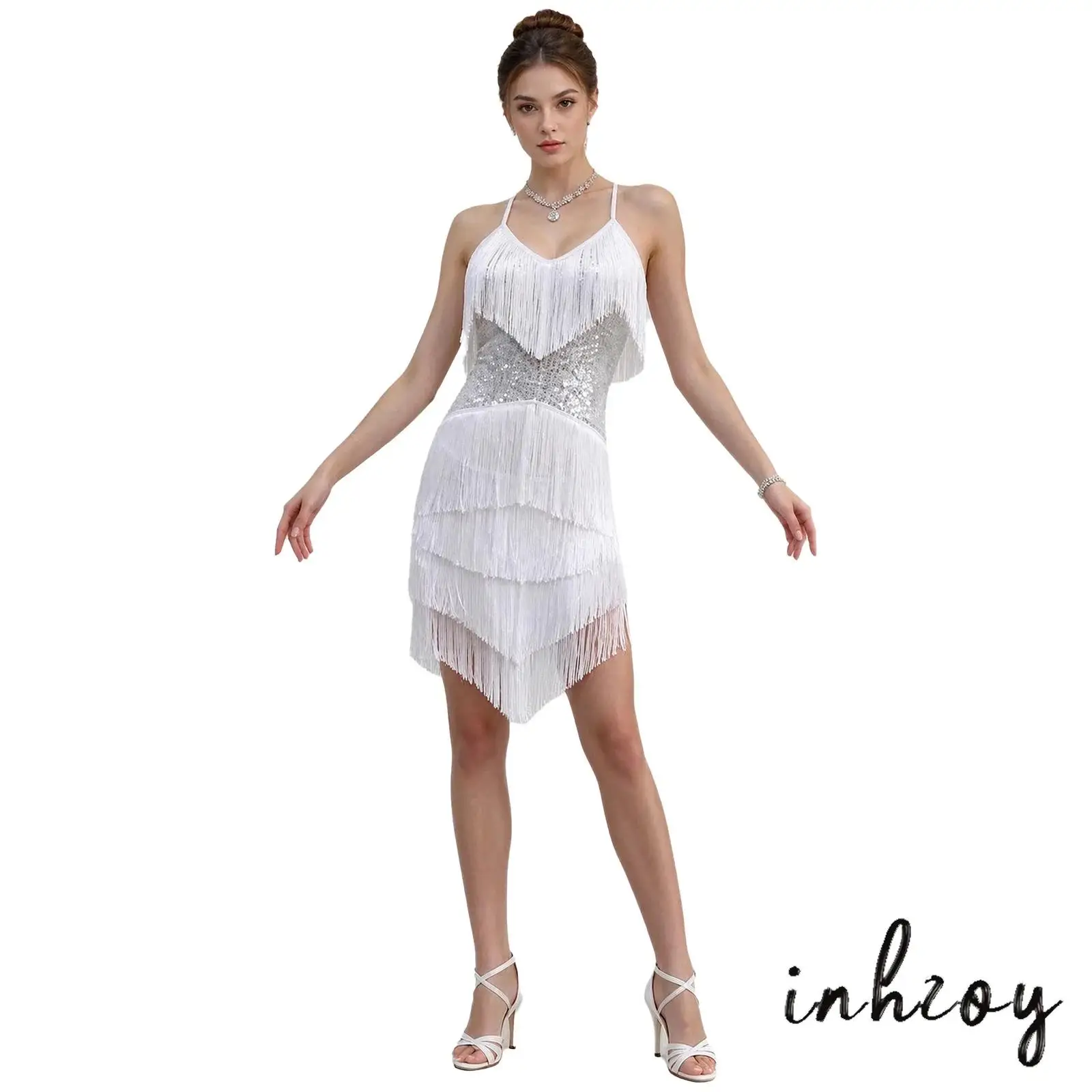 Women Sequin Tassel Latin Dance Dress Sleeveless Cross Back Irregular Hem Fringe Tiered Dress for ChaCha Samba Tango Dancewear