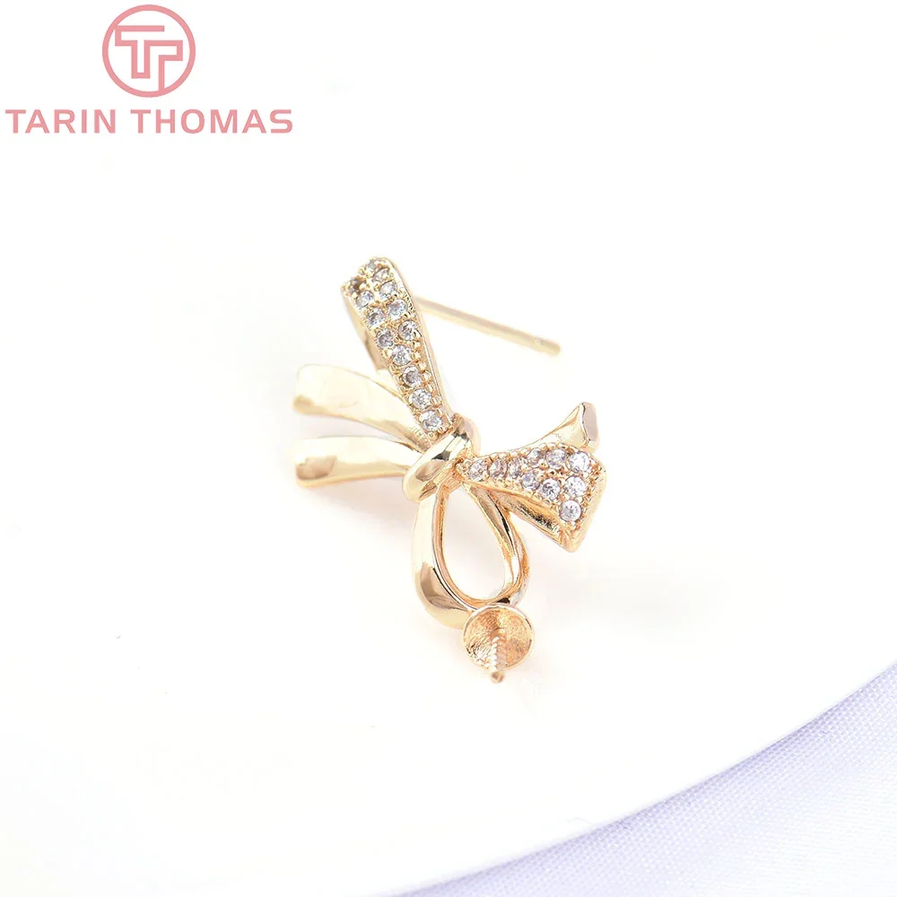 (2103)2PCS 12x20MM 24K Gold Color Brass with Zircon Bow-Knot Stud Earrings High Quality Jewelry Making Findings Accessories