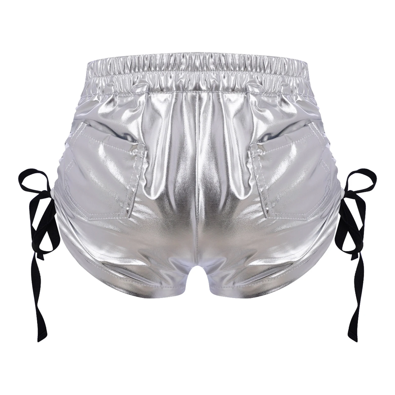Children Girls Hip Hop Jazz Dance Costume Elastic Waist Side Drawstring Front Zipper Metallic Shorts for Dance Class Performance