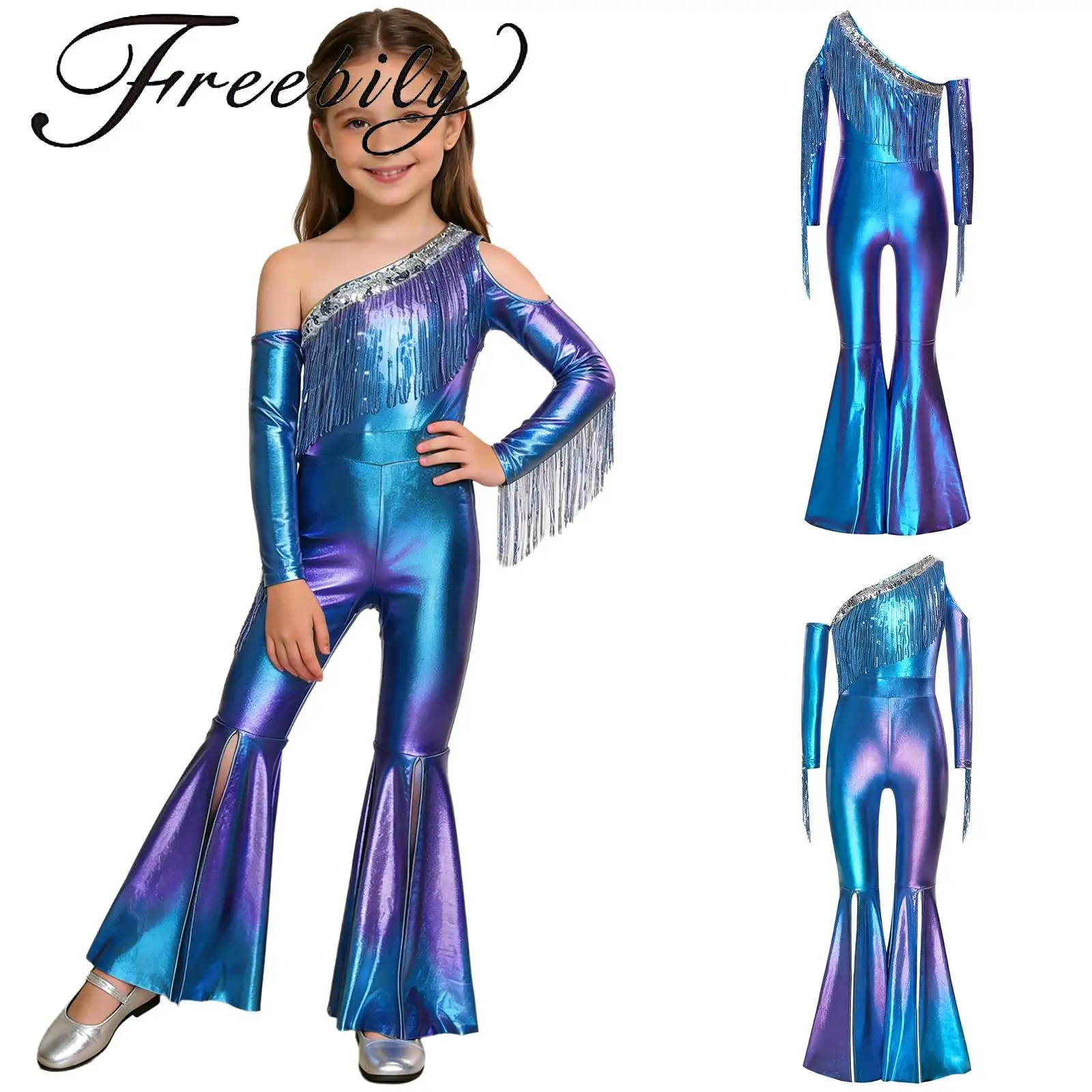 

Kids Girls Disco Metallic Shiny Rompers Off Shoulder Long Sleeve Sequin Tassel Slit Bell Bottom Legs Jumpsuit for Party Stage