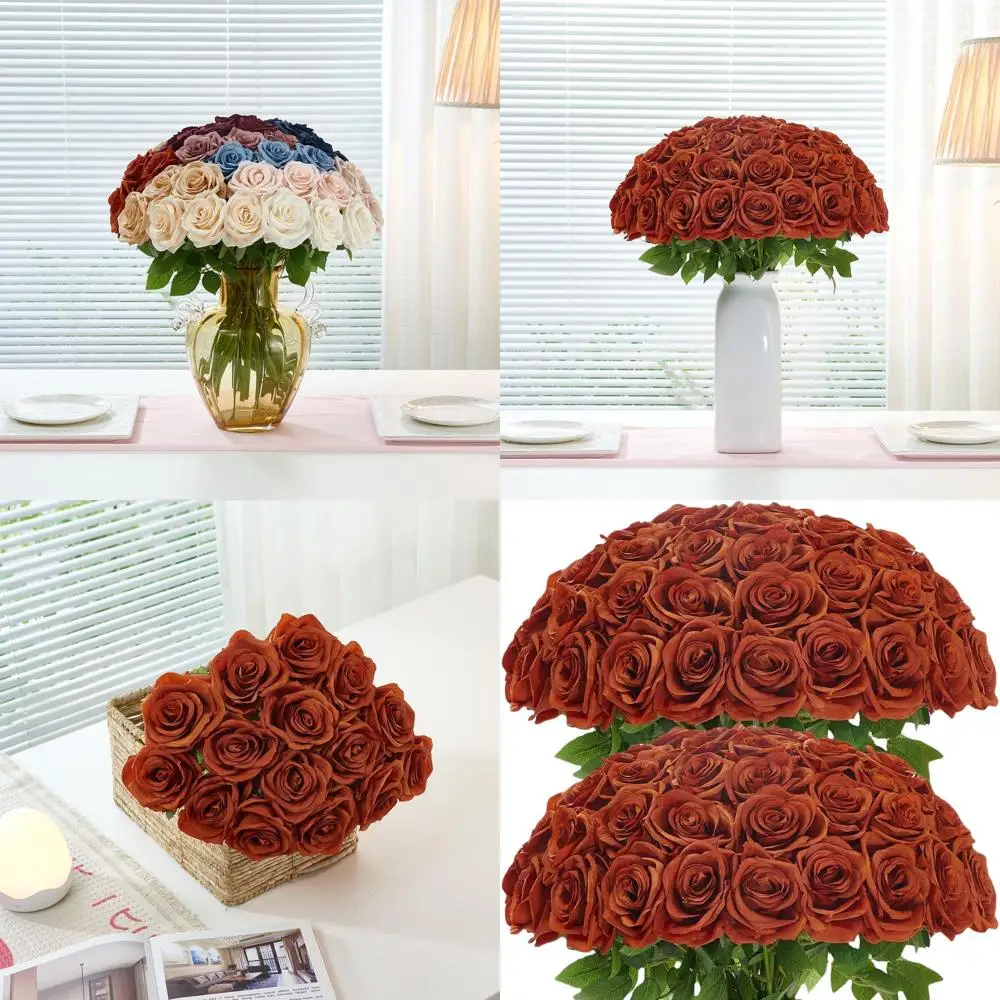 

50 Pack Burnt Orange Artificial Silk Roses with Stems for Weddings, Home, and Party Decor