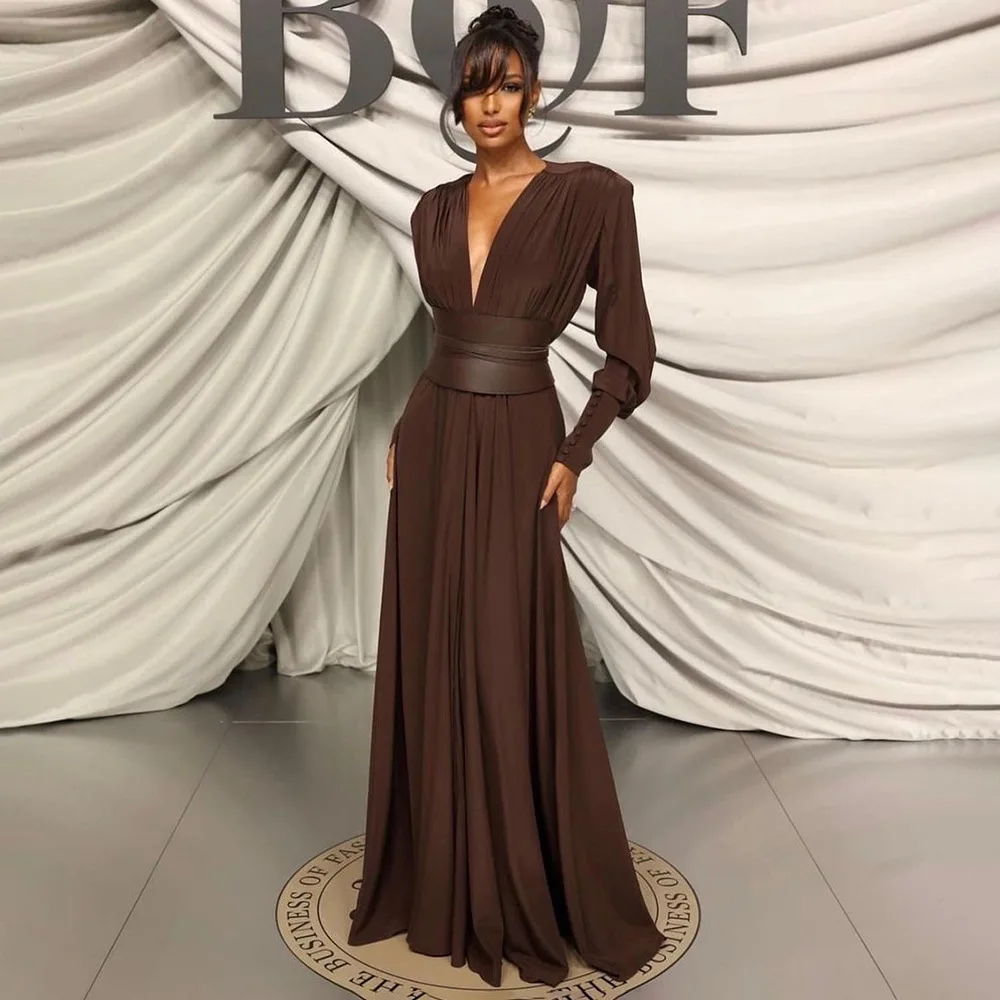 

SANCCOHOUSE 2025 Spring/Summer New Chocolate Brown Belted Pleated Dress, Long Sleeve A-Line Midi Dress for Women,Coffee Color