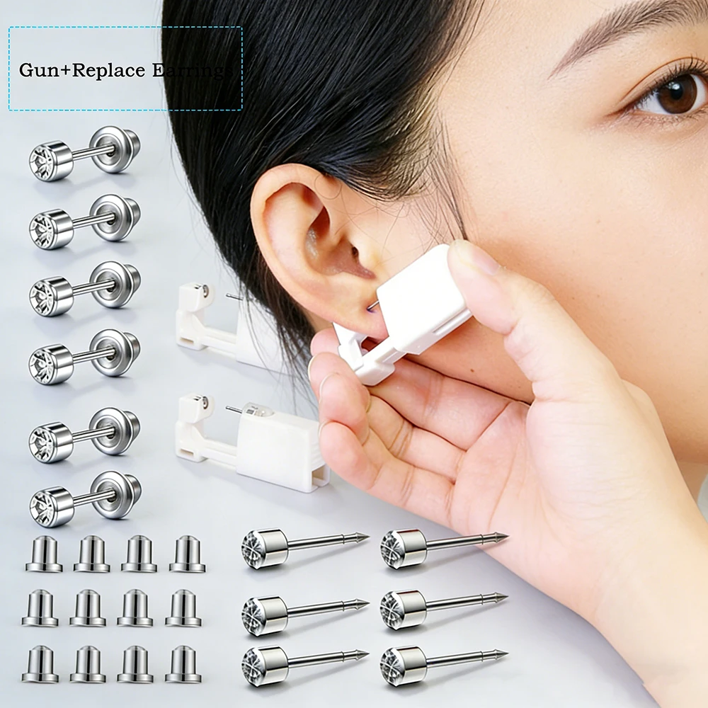 5PCS-17PCS Ear Piercing Kit Disposable Self Piercing Gun With Bullet Safe Stopper 3mm Silver Earring Studs Home Use Ear Piercing