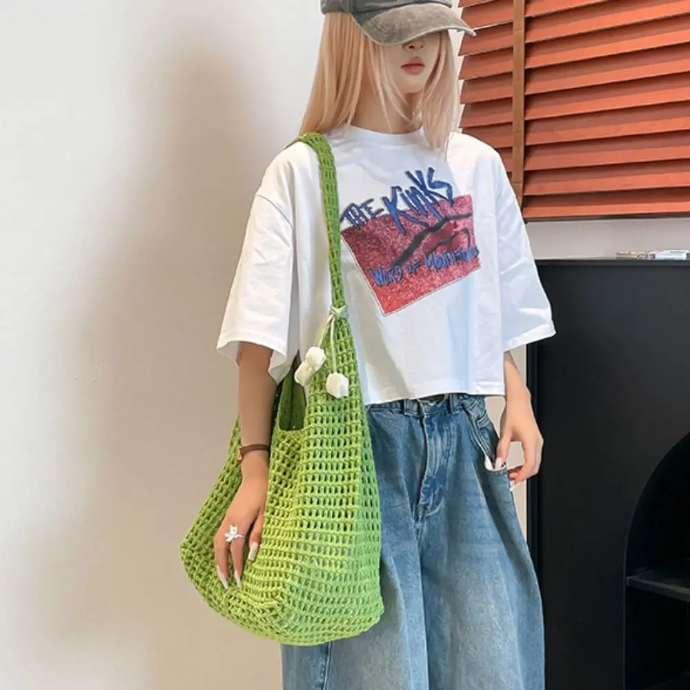 

Trendy Sweet Crochet Shoulder Bag with Tulip Pendant Leisure Beach Hollow Handbag Casual Solid Color Woven Totes Bag Summer