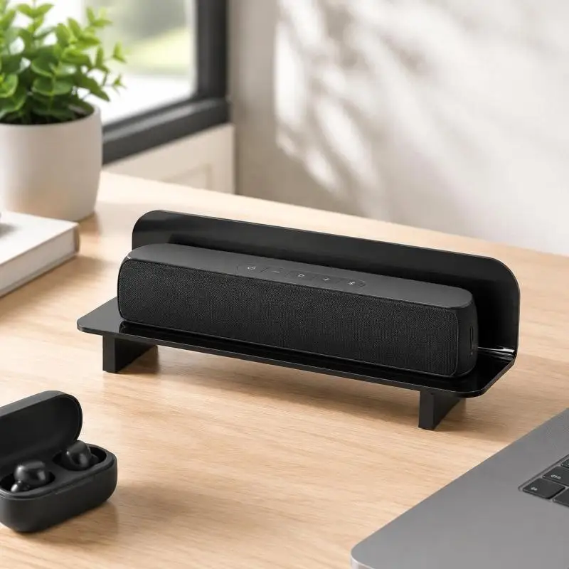 31BA Speaker Risers for Desk and Bedside Table, Acrylic Compactly Stand with Angled Viewing Profile, Back Panel Support, and