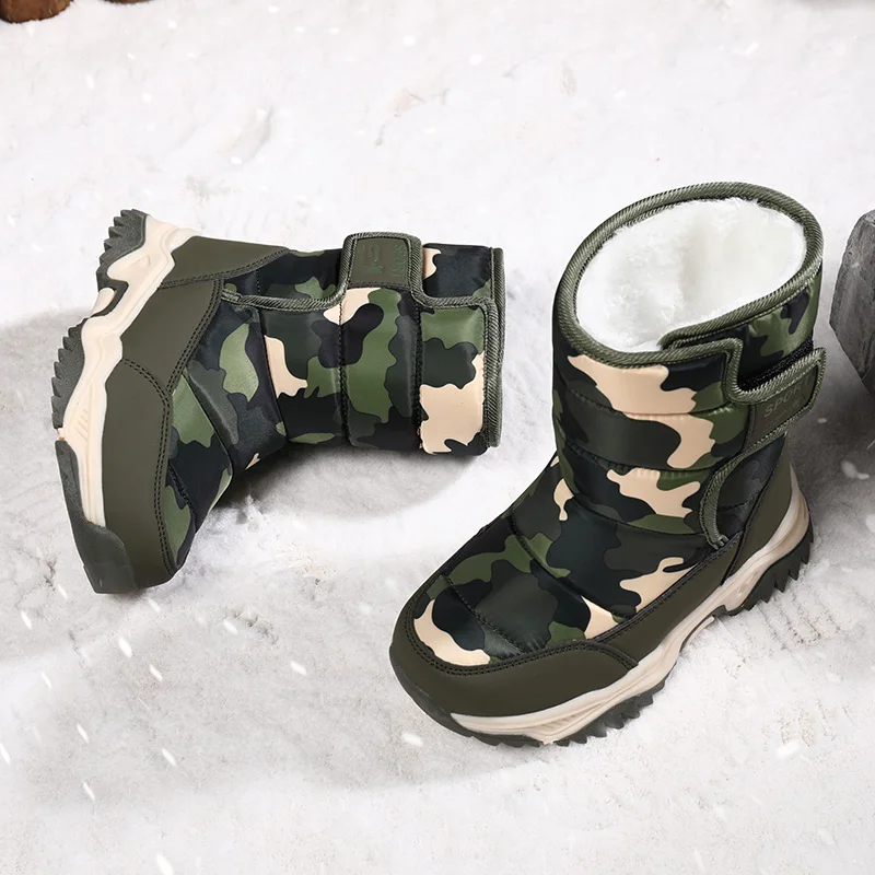 Fashion Green Camouflage Print Children Snow Boots Waterproof Winter With Fur Outdoor Shoes Kids Hiking Boots Trekking Sneakers