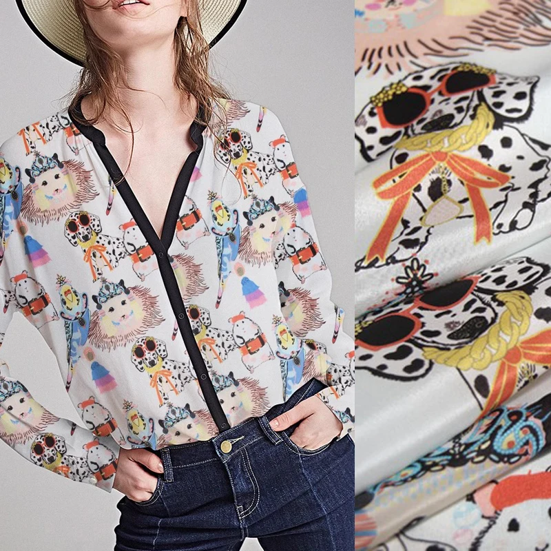 

Тонкая шелковая крепдешинская ткань шириной 110 см шириной 12 мм с мультяшным животным принтом для шитья своими руками, летнее платье, брюки, блузка, пижама R1838