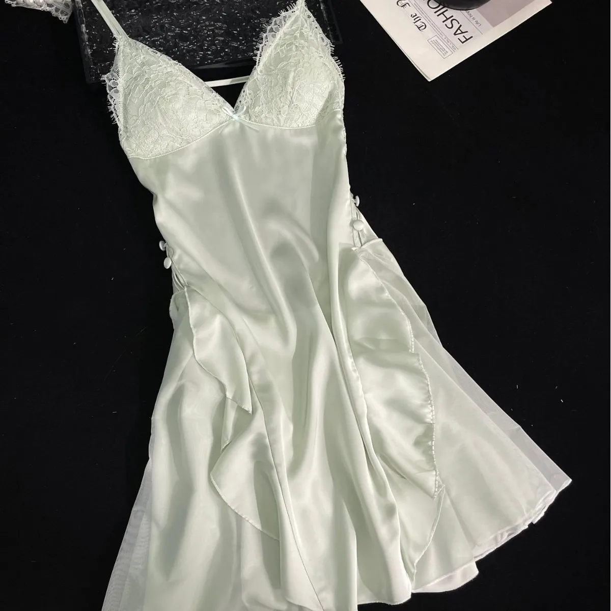 Female Nightgown Homewear Sexy Ruffles Suspender Nightdress Summer Satin Sleepwear