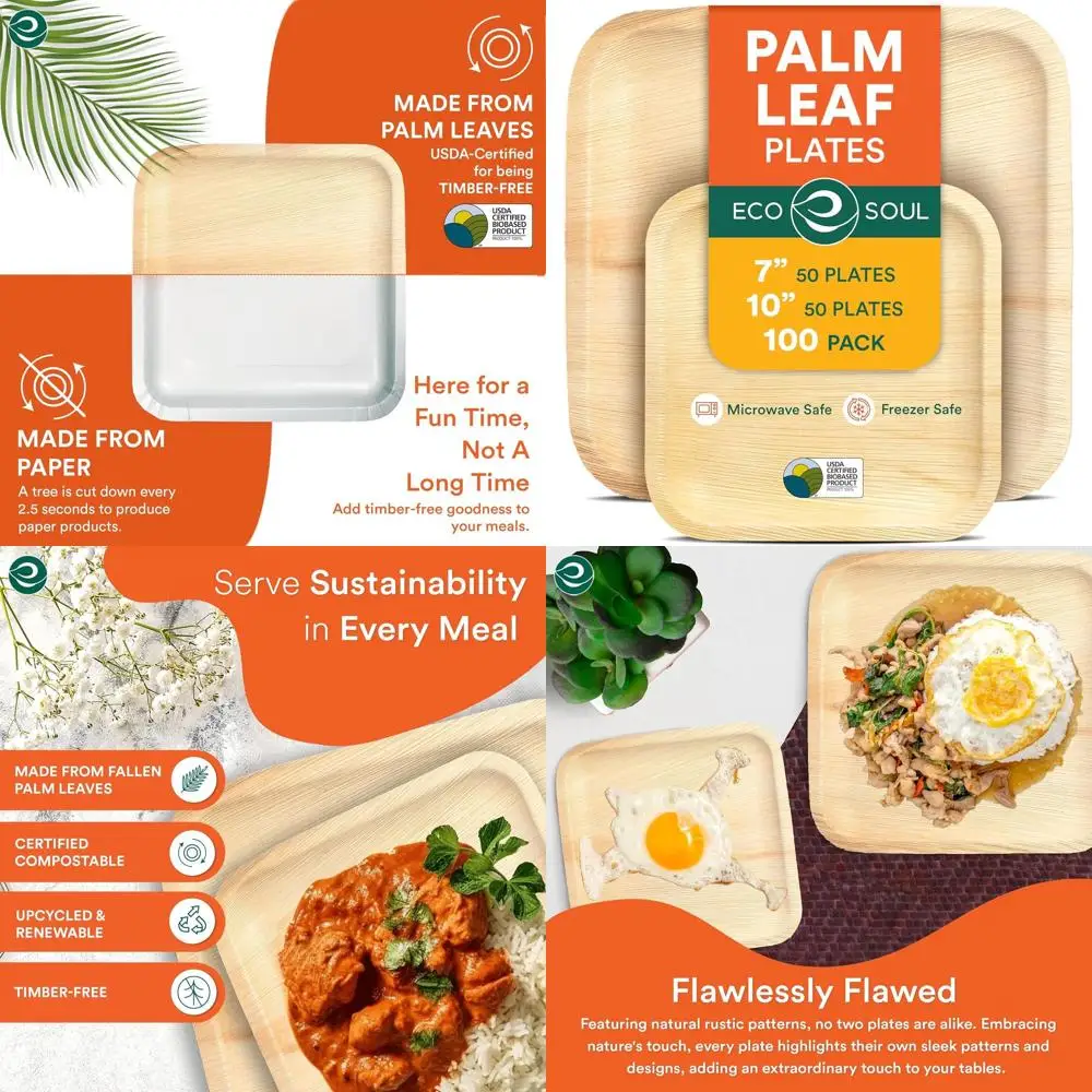 

7 & 10 Disposable Palm Leaf Bundle Plates [100 Pack] - Premium Heavy Duty Compostable Bamboo Paper Plates for Lunch, Dinner, Wed