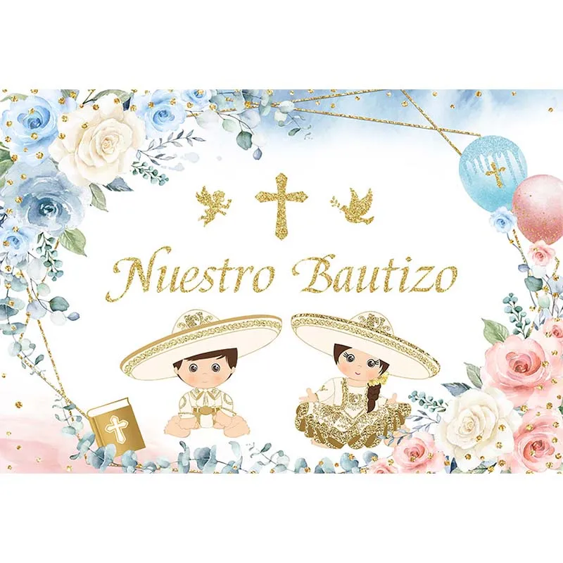 Avezano Photography Background Mi Bautismo Girl Boy First Communion Flower Gold Cross Dove of Peace Backdrop Photo Studio Decor