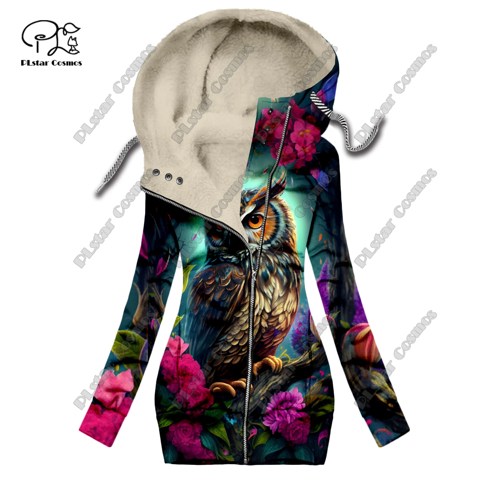 

New 3D printing retro series floral and animal patterns plus velvet and warm women's long zipper sweatshirt casual winter L-8