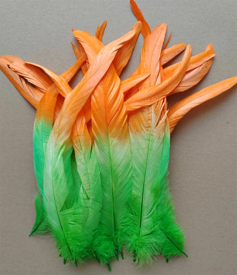 

100pcs/Lot! Lime Green+Orange Two Tone Coque Rooster Tail Feathers 25-35cm Long for DIY Accessories Showgirl Carnival Costume