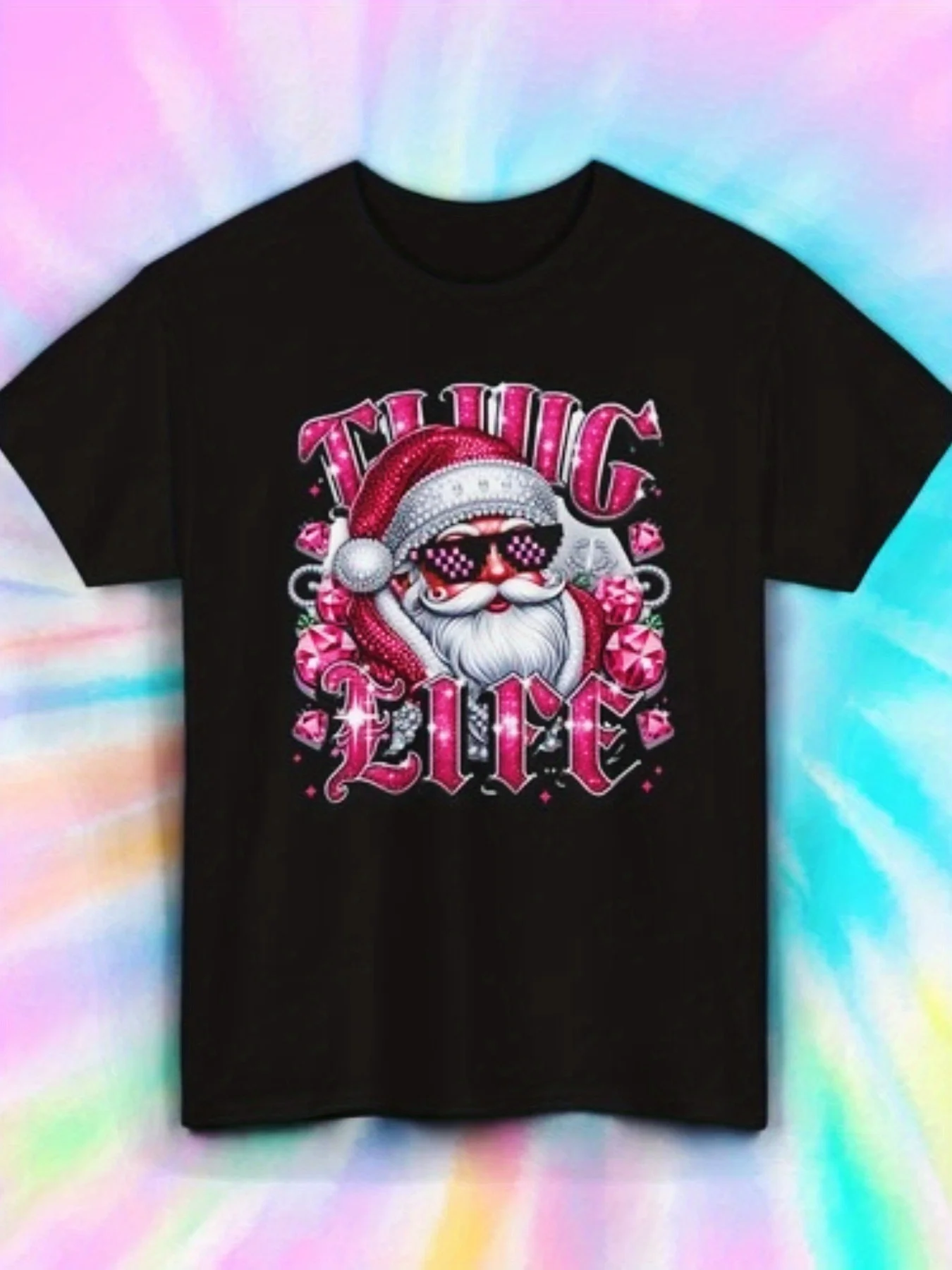 Camiseta de Papá Noel de arte pop retro de los años 80, color negro, blanco y rosa, con estampado de eslogan THUG LIFE, informal de manga corta 100% transpirable