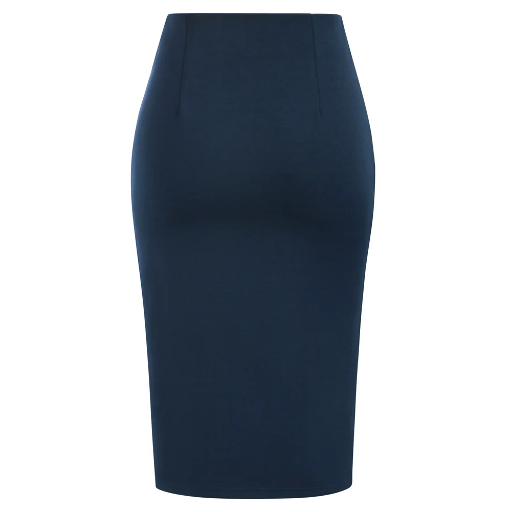 Kate Kasin Women\'s Skirt Elastic High Waist Bow Tie Knee Length Stretch Bodycon Pencil Skirts with Slit office Lady Workwear A30