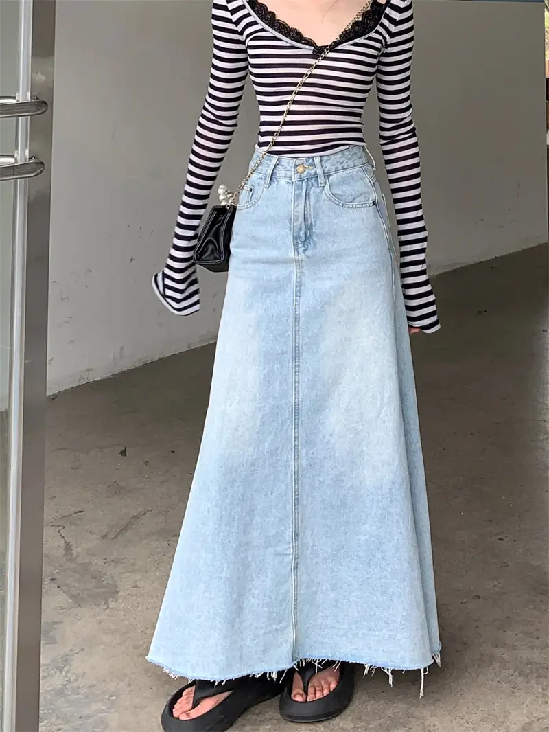 2025 tendência feminina y2k jeans saia-azul claro cintura alta denim maxi saia retro coquette estilo rua 2641