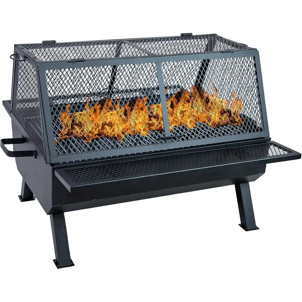 

36 Black Steel Outdoor Fire Pit with Grill, Spark Screen, and Heat-Resistant PVC Cover