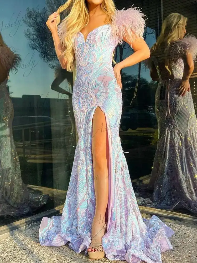 

Charming Boho Sexy Front Slit Party Special Occasion Dresses 2024 V Neck Feather Mermaid Long Women Formal Evening Dress Prom