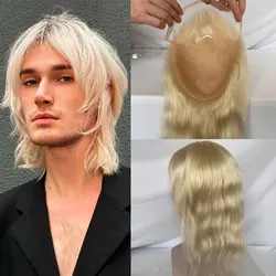 12inch Long Hair Replacement System for Mens Blonde 613# PU Toupee 100% European Virgin Human Hair Pieces Lace Front Man Wigs