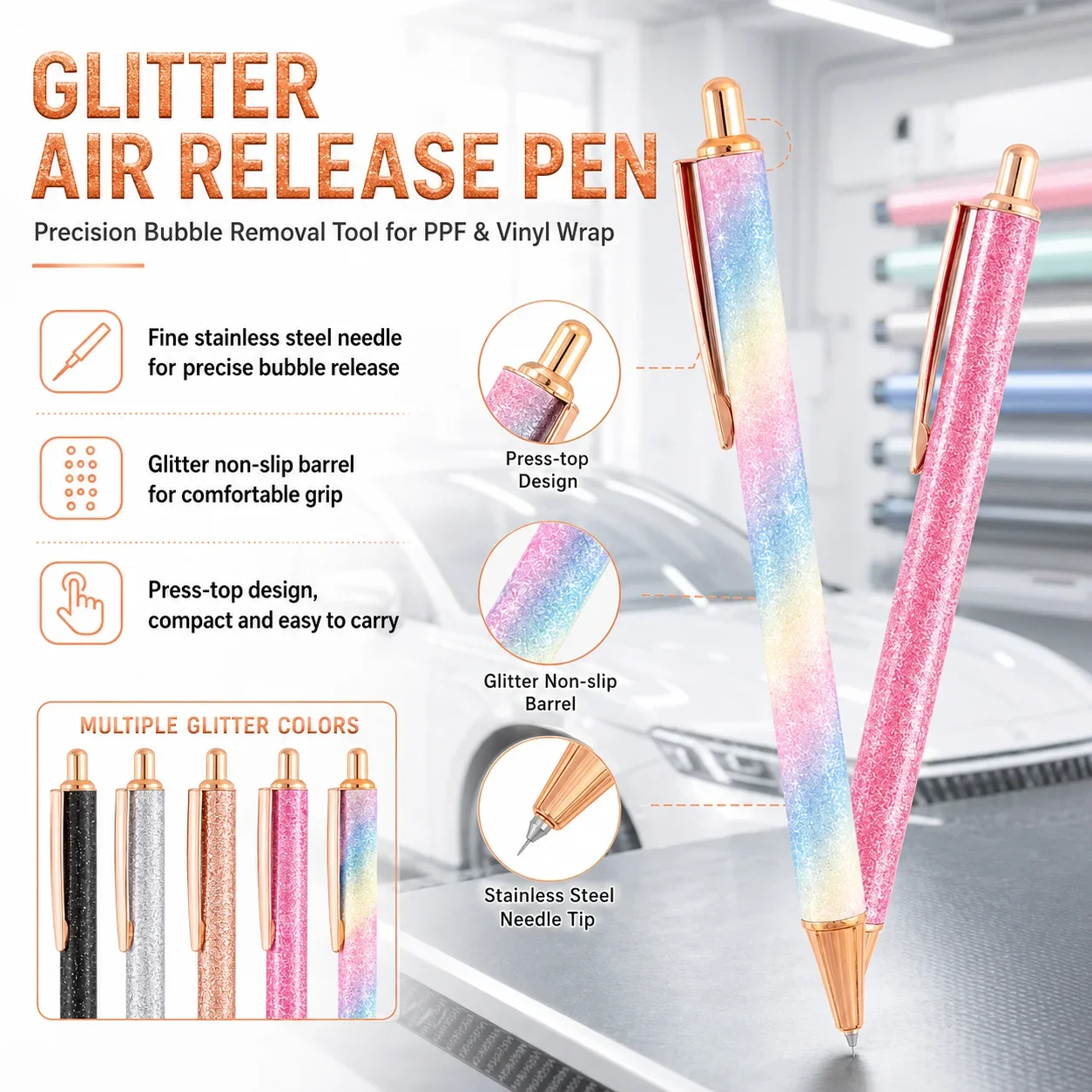 Retractable Glitter Air Release Needle Pen for Vinyl Wrap with Push Button and Stainless Steel Tip Car Film Bubble Removal Tool
