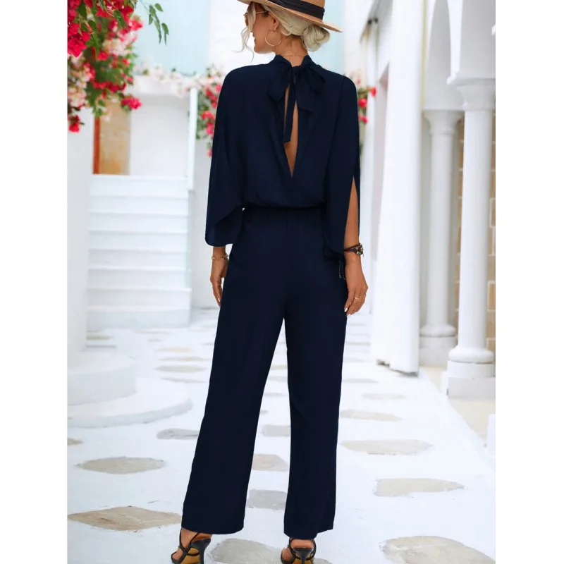 Elegant Jumpsuits for Women Autumn Loose Stand Collar Split Sleeve Office Lady Rompers Fashion Solid Overalls Streetwear Female