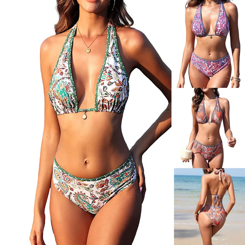 

2025New Style Two-Piece Swimsuit Digital Print Retro Sexy High Waist Multiple Wear Methods Swimwear