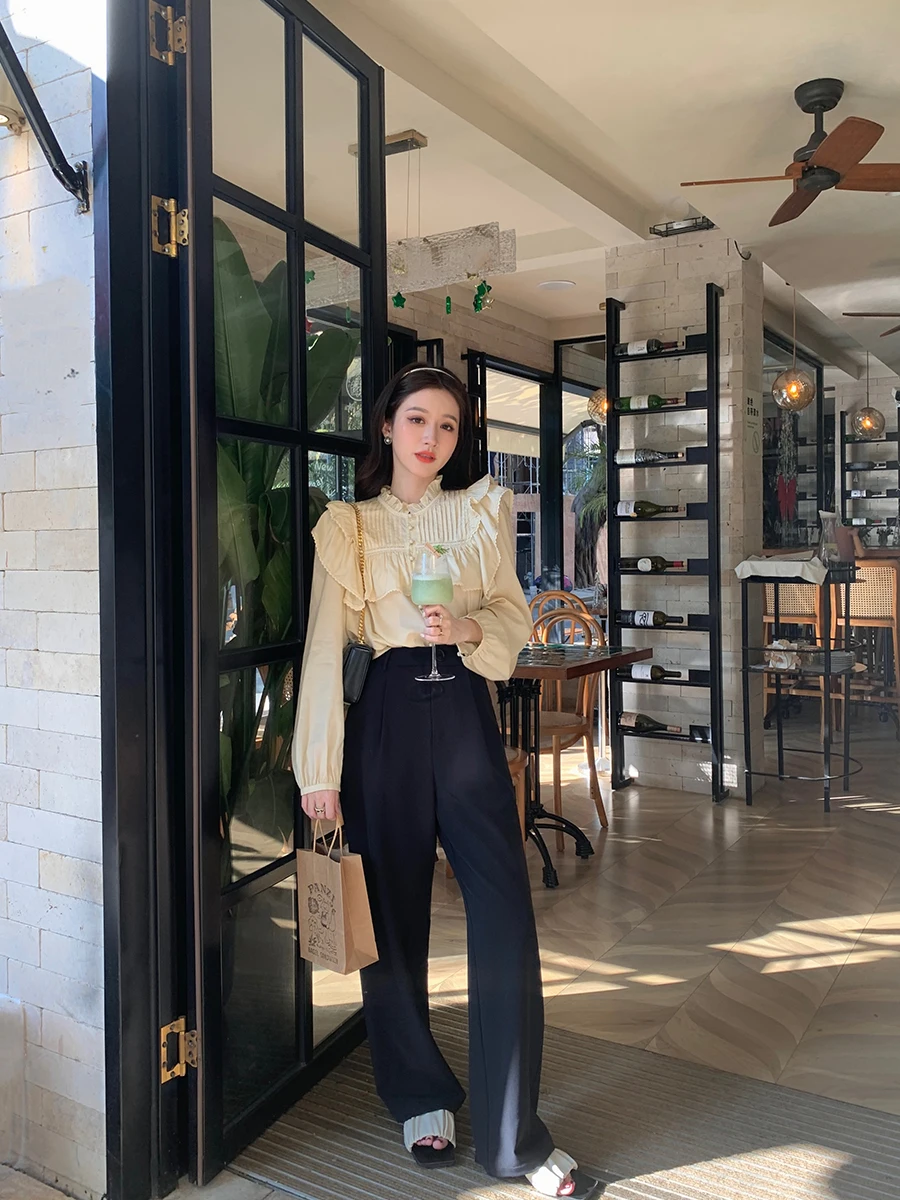 

Женские брюки с высокой талией и широкими штанинами, свободные прямые брюки в пол, корейский стиль, повседневные брюки для весны и осени