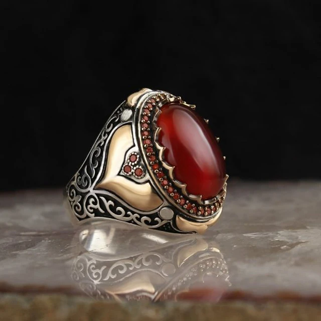 Retro handgemachter türkischer Siegelring für Männer Vintage Silber Farbe Schnitzmuster Inlay grüner Zirkon Party Punk Motor Biker Ring