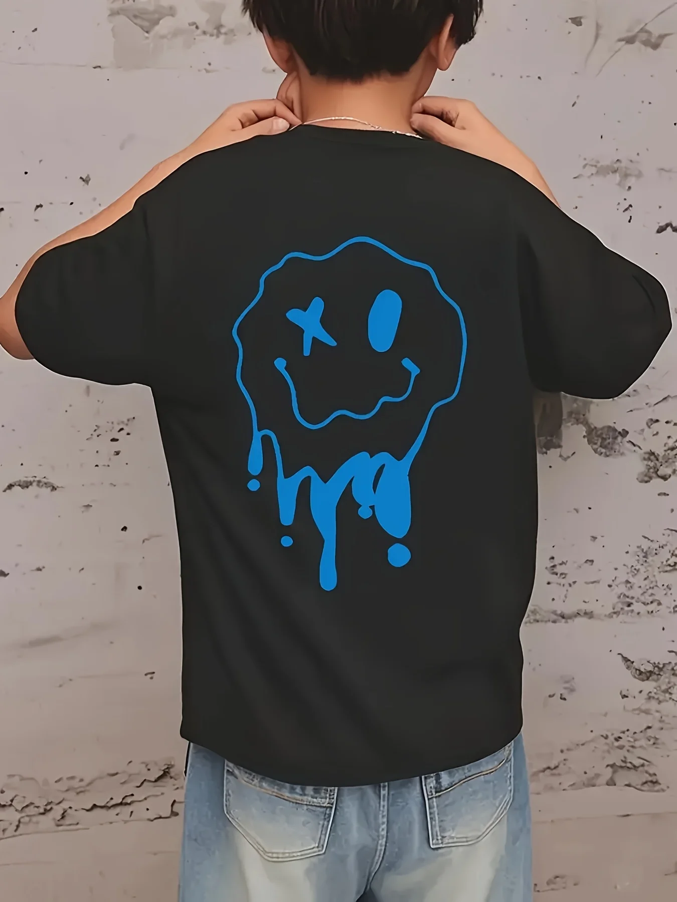 Youth Street Style Blue Melting Smiley Face Print Regular Thickness Summer Street Round Neck T-shirt Casual Parent-child Outfit