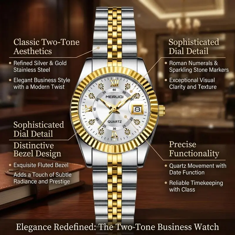 1pc Fashion Ladies Watch with Two-Tone Strap, Roman Numeral Markers, Calendar Display, Quartz Movement