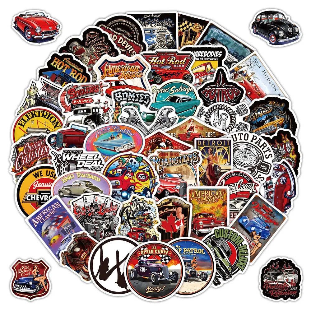 52 Pcs American Retro Car & Hot Rod Stickers - Waterproof Die-Cut Decor for Phone Cases, Notebooks & DIY Crafts Papery Pop Store