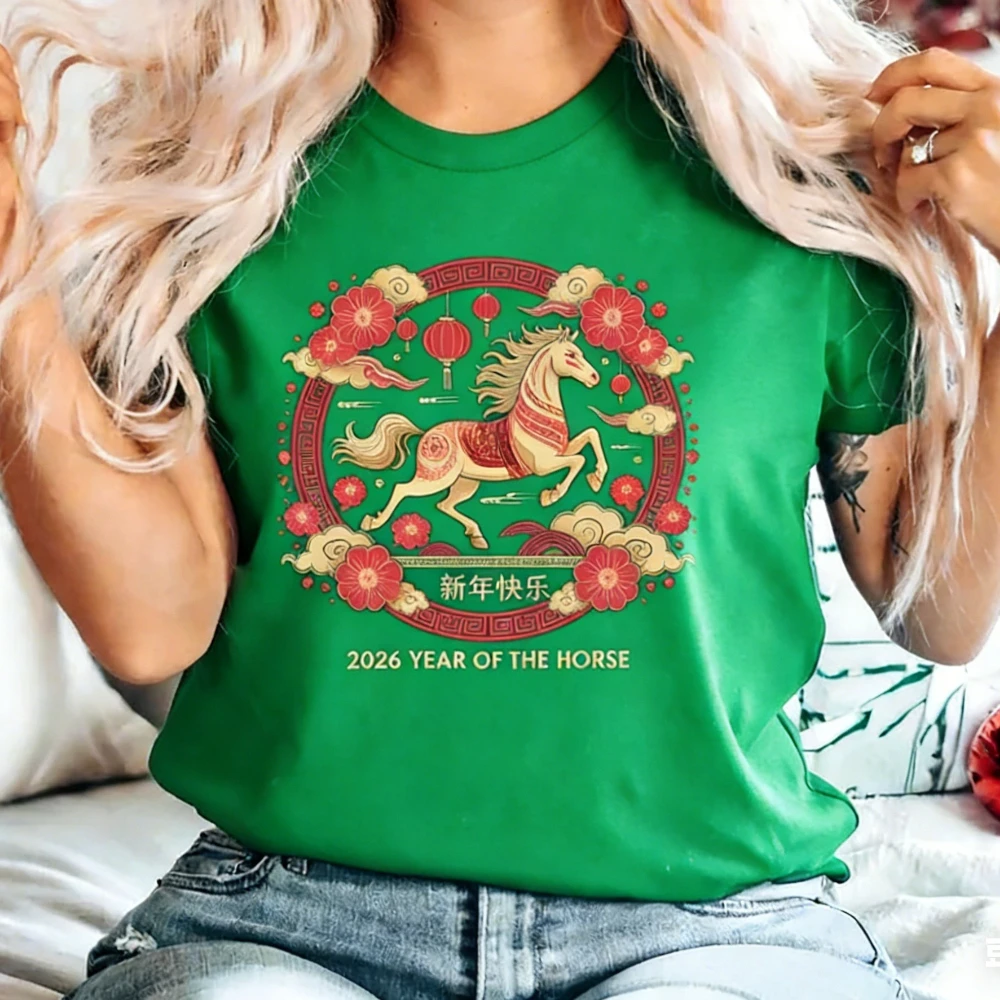 Cinese 2026 Cavallo Capodanno Camicia Zodiaco Cinese T-Shirt Cina Floreale Capodanno 2026 Tee Cavallo Anno Regalo Uomo Donna Casual Magliette e camicette