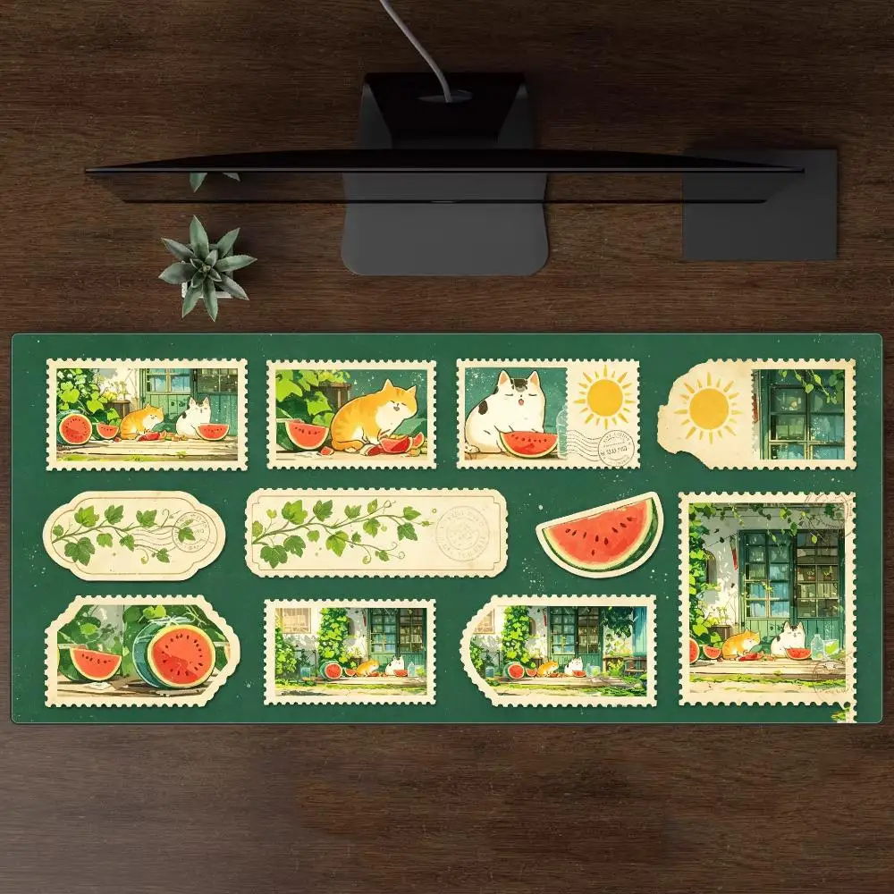 Aesthetic Retro Stamp Style Large Desk Mat Cute Cats Eating Watermelon Summer Fresh Mousepad for Laptop PC Decor