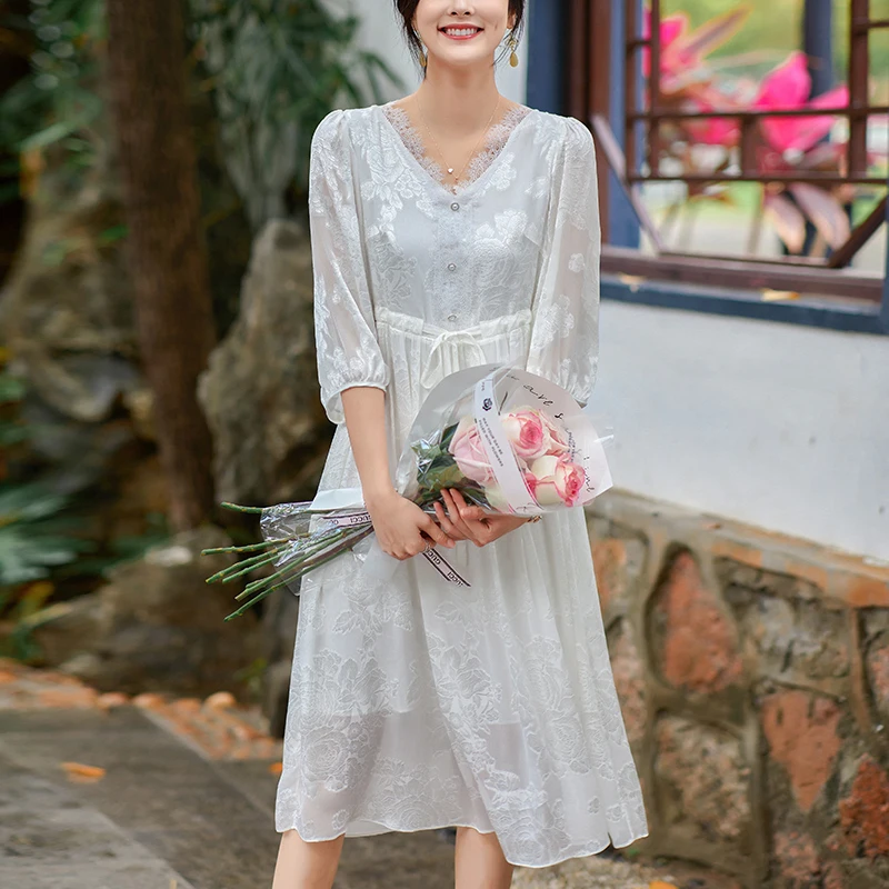 New 100% Real Silk Women's White Black Dress Summer Lace V-neck Elegant Dresses For Women Floral Jacquard Long Dress A-line