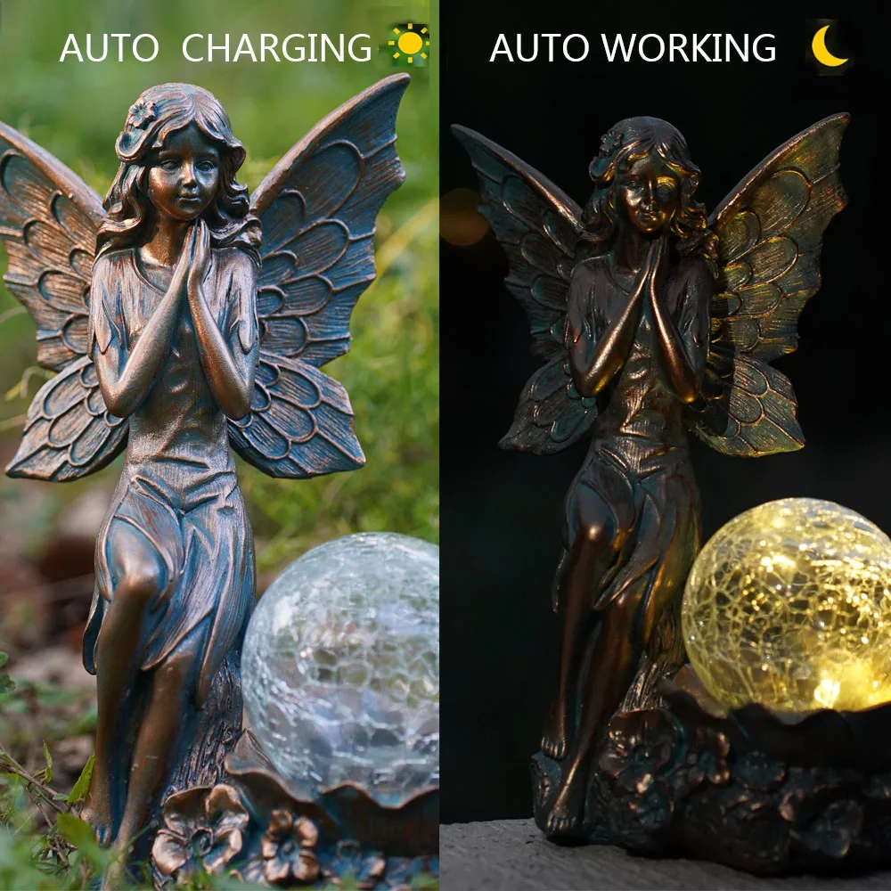 Solar lamp European Angel sculpture Outdoor Garden Courtyard Home decoration decoration Resin crafts Bronze fairy waterproof