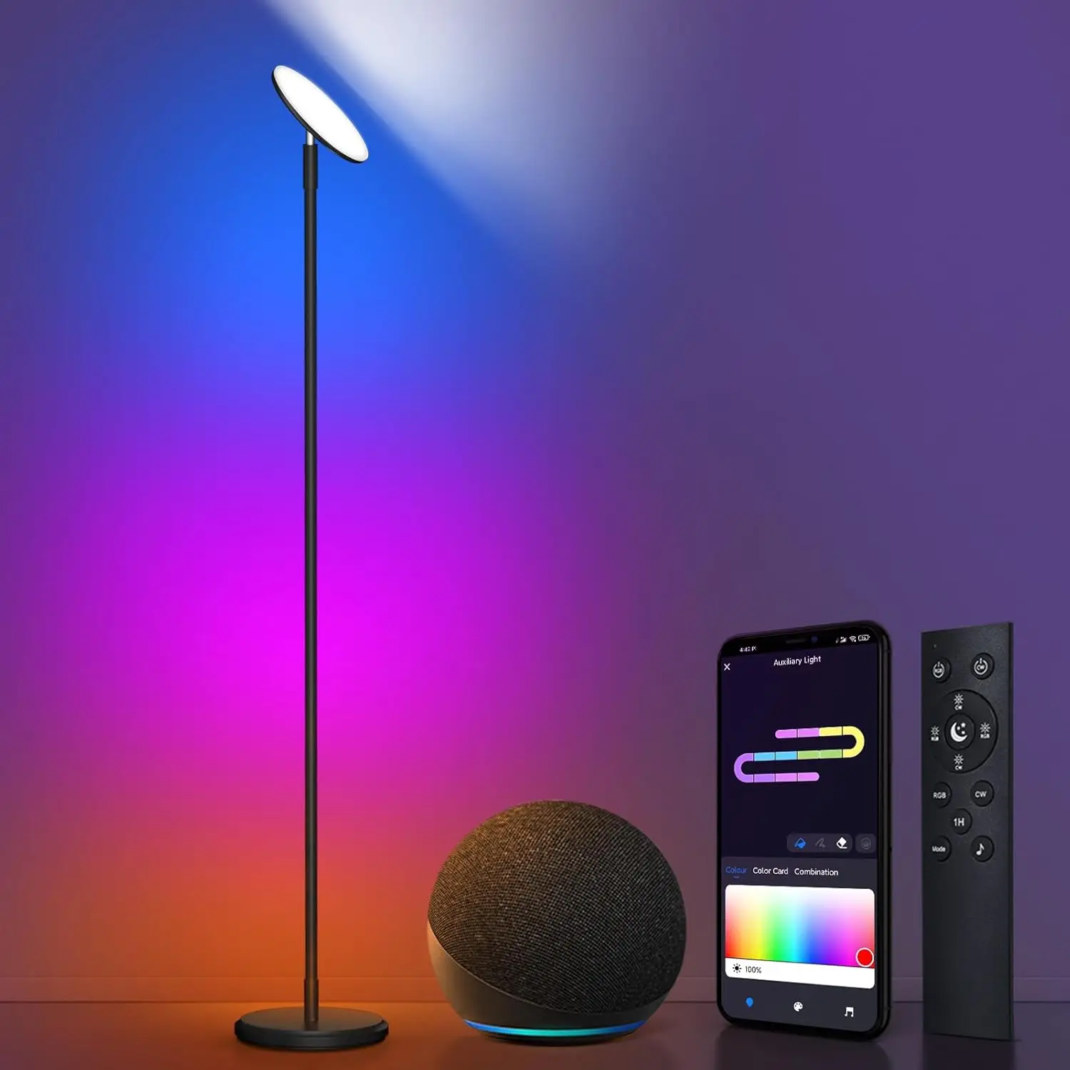 Outon Smart Floor Lamp, 30W/3000Lm Bright Led Rgb Torchiere Floor Lamp, Works With Alexa Google Home, 16 Million Diy Colors,