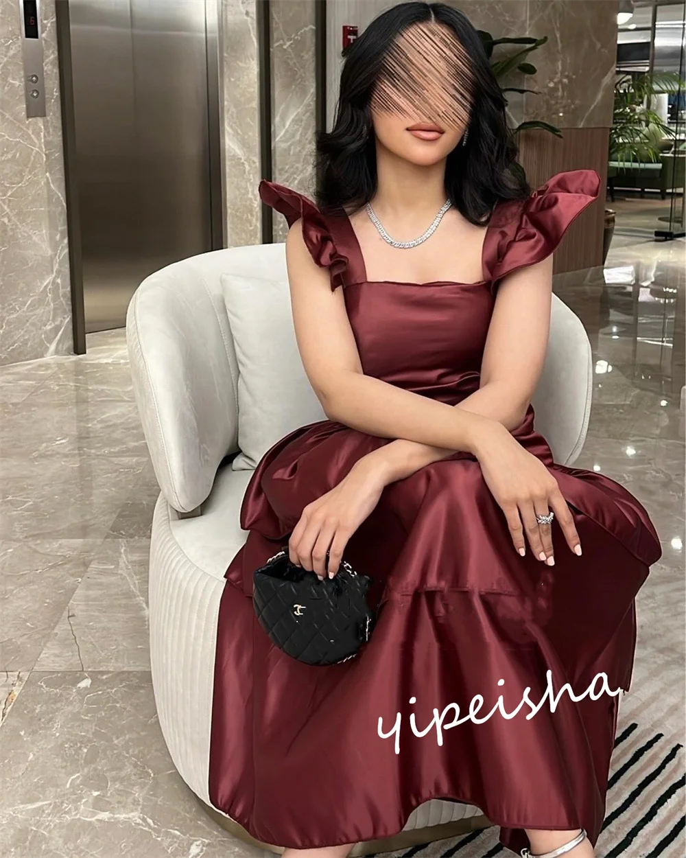 Ball Dress Saudi Arabia Prom Satin Tiered Clubbing A-line Square Neck Bespoke Occasion Gown Midi Dresses