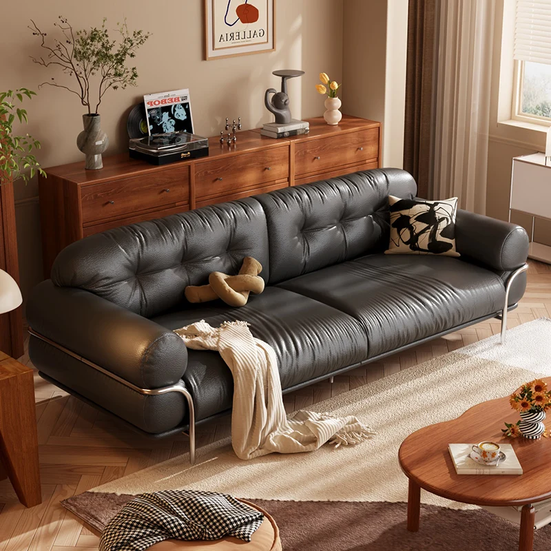 American retro cloud sofa leather black living room small apartment French antique style inline cat scratch leather sofa