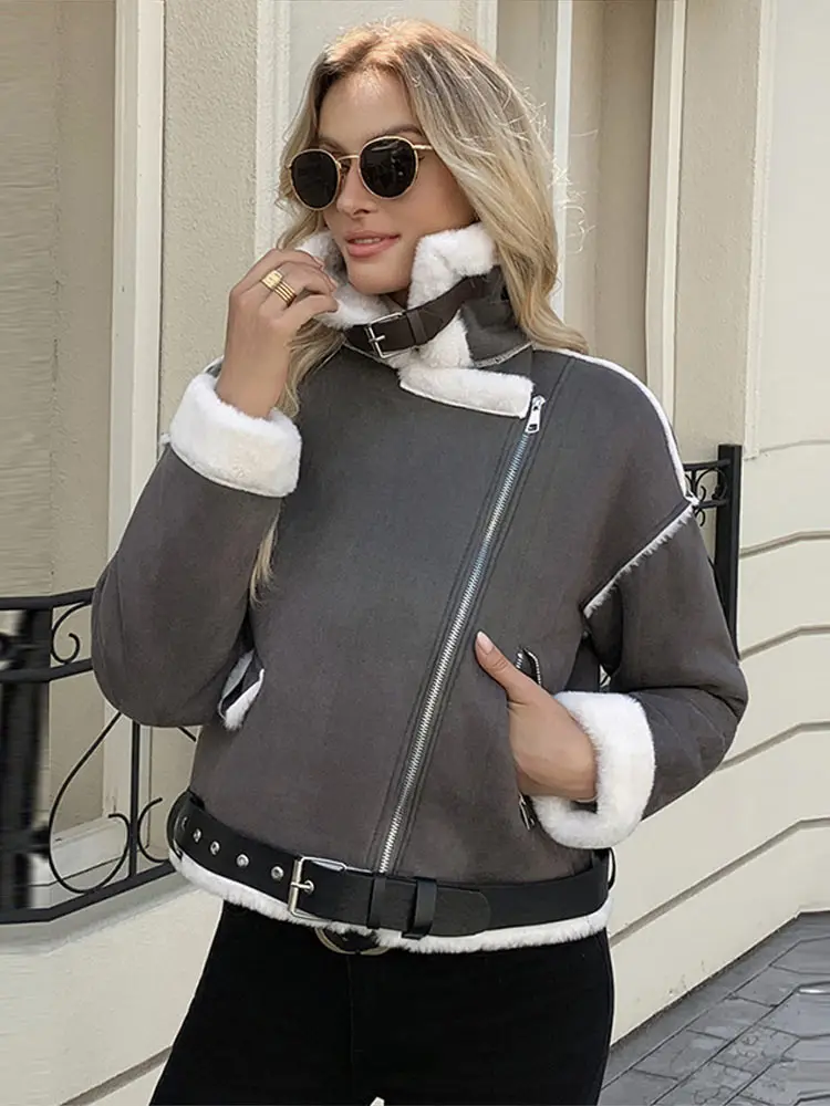 

Women's Solid Suede Lamb Biker Jacket Zipper Closure Buckle Details Furry Trim Jacket Coat Autumn Lady Edgy Warm Outerwear