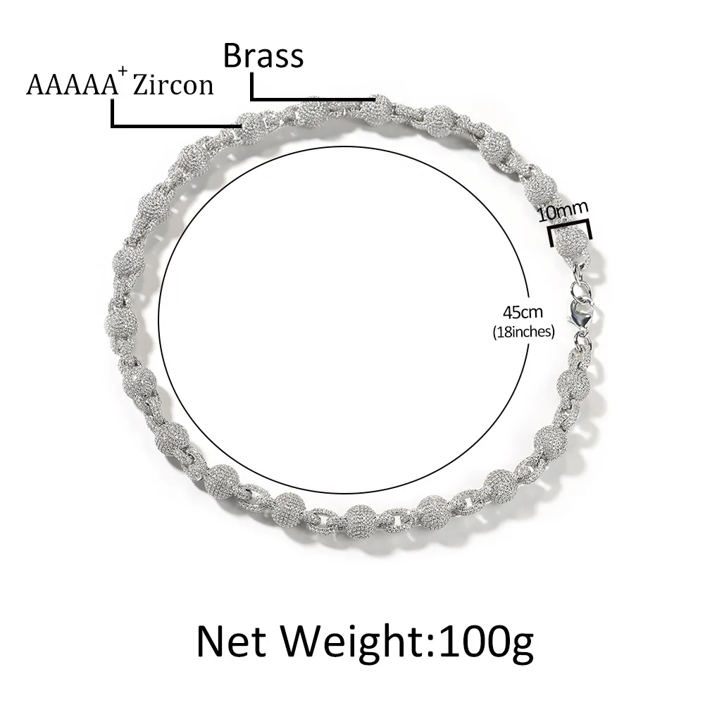 10 مللي متر الخرز المستديرة سلسلة القلائد للنساء الرجال مثلج خارج زركون ربط قلادة سلاسل مجوهرات الأزياء للهدايا